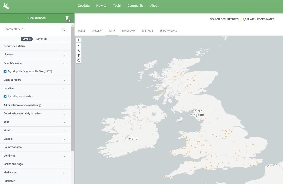 A software interface with a map of the United Kingdom and pins showing the locations of different entomological species.